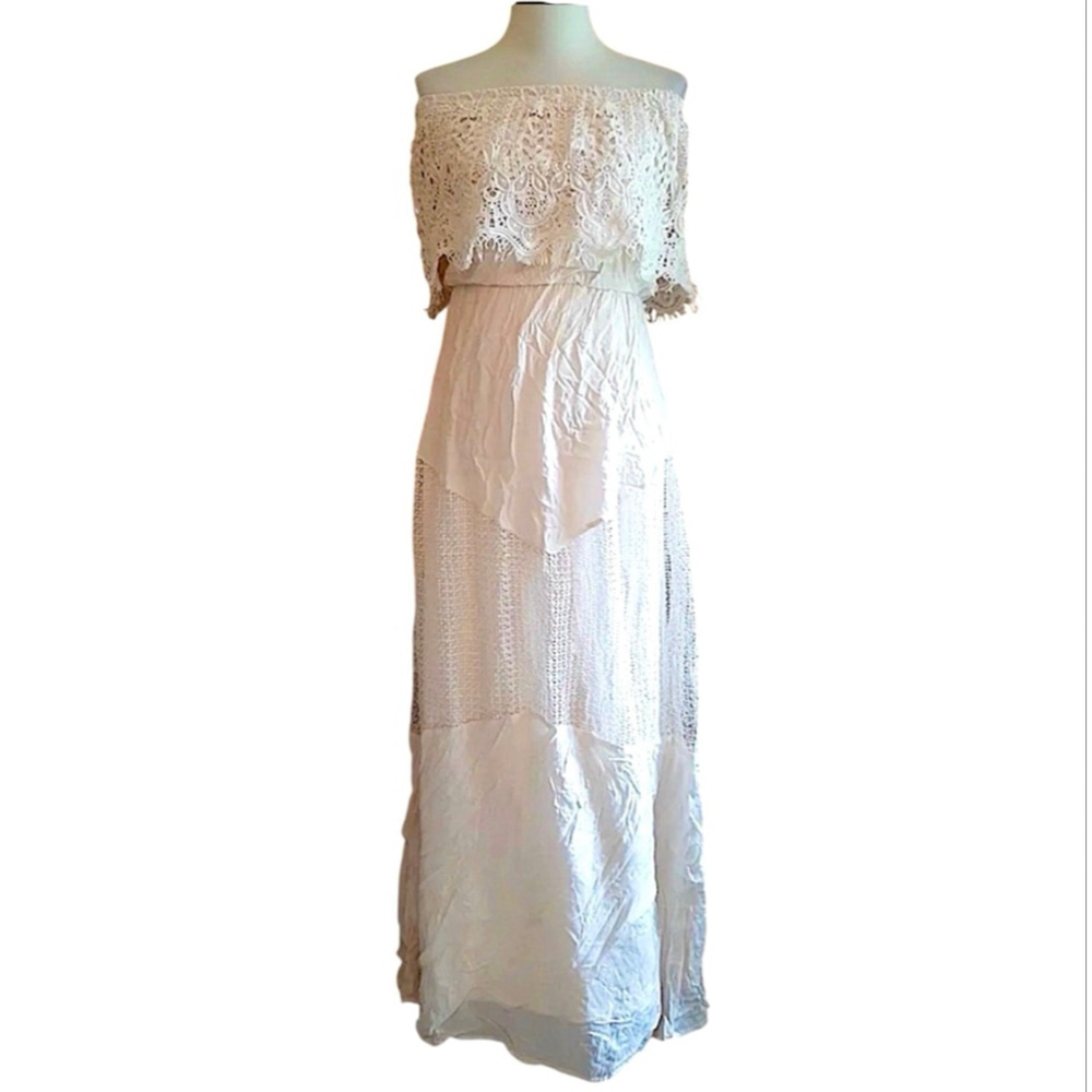 Marineblu Ivory Strapless Maxi Dress Crochet Lace Boho Flowy Fairy Size Large